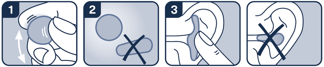 1. Ohrstöpsel kneten 2. Stöpsel zu einer Kugel formen 3. Kugel sanft in die Ohrmuschel eindrücken 4. Nicht in den Gehörgang einführen